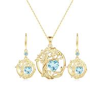 FANCIME Baum des Lebens Anhänger Ohrringe Hängend 925 Sterlingsilber Kette Gelbgold plattiert Aquamarin Halskette Edelstein März Geburtstein Schmuck Geschenke für Damen