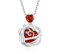 FANCIME Granat Halskette Januar Geburtsstein Kette Sterling Silber Rose Blume Anhänger Halskette Rotes Herz Edelstein Geburtstag Weihnachten Feiner Schmuck Geschenke für Sie Frauen Mom