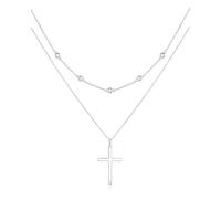 FANCIME Layered Kette Damen mit Kreuz Anhänger, 14K Weißgold Vergoldet Personalisierte Zarte Mehrreihige Halskette, 925 Sterling Silber Halskette Schmuck für Damen Mädchen