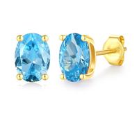 FANCIME Solide 14 Karat 585 Gelb Gold Oval Ohrringe Ohrstecker mit Echt Natürlich Blautopas Geschenk Schmuck für Damen Mädchen Mama, Größe: 5 * 7 mm