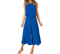 FANCYINN Damen Jumpsuit Sommer Overall Elegant Festlich Hochzeit Lang Hosenanzug Ärmelloses Rundhals Tanktop Gekürzte Weites Bein Hose Playsuit Saphirblau L