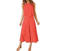 FANCYINN Damen Sommer 2-teiliges Outfit ärmellos Rundhals Tanktop gekürzte Weite Beinhose Orange Rot L