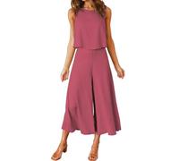 FANCYINN Damen Sommer 2-teiliges Outfit Jumpsuit Elegant Ärmelloses Rundhals Tanktop gekürzte Weite Beinhose Dunkelviolett Rot S