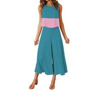 FANCYINN Damen Sommer 2-teiliges Outfit Jumpsuit Elegant Ärmelloses Rundhals Tanktop gekürzte Weite Beinhose Blaugrünes pinkes Oberteil & blaugrüne Hose S