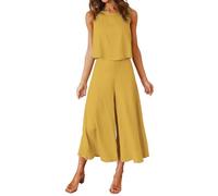 FANCYINN Damen Sommer 2-teiliges Outfit Jumpsuit Festlich Hochzeit Lang Hosenanzug Ärmelloses Rundhals Tanktop Gekürzte Weites Bein Hose Playsuit Ingwergelb XL
