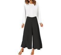 FANCYINN Damen Sommer 2-teiliges Outfit Jumpsuit Festlich Hochzeit Lang Hosenanzug Langarm Rundhals Tanktop Gekürzte Weites Bein Hose Playsuit Weißes Oberteil & Schwarze Hose S