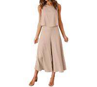 FANCYINN Damen Sommer Zweiteiliges Outfit Jumpsuit Elegant Ärmelloses Rundhals Tanktop gekürzte Weite Beinhose Aprikose XL