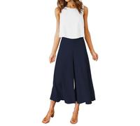 FANCYINN Damen Sommer Zweiteiliges Outfit Jumpsuit Elegant Ärmelloses Rundhals Tanktop gekürzte Weite Beinhose Weißes Oberteil & Dunkelblaue Hose L