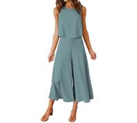 FANCYINN Damen Sommer Zweiteiliges Outfit Jumpsuit Festlich Hochzeit Lang Hosenanzug Ärmelloses Rundhals Tanktop Gekürzte Weites Bein Hose Playsuit Haze Blau XXL