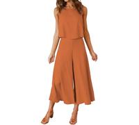 FANCYINN Damen Sommer Zweiteiliges Outfit Jumpsuit Festlich Hochzeit Lang Hosenanzug Ärmelloses Rundhals Tanktop Gekürzte Weites Bein Hose Playsuit Mandarine M