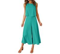 FANCYINN Damen Sommer Zweiteiliges Outfit Jumpsuit Festlich Hochzeit Lang Hosenanzug Ärmelloses Rundhals Tanktop Gekürzte Weites Bein Hose Playsuit Grünliches Blau M