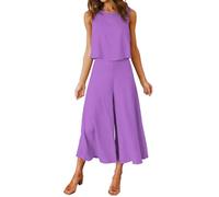FANCYINN Damen Sommer Zweiteiliges Outfit Jumpsuit Festlich Hochzeit Lang Hosenanzug Ärmelloses Rundhals Tanktop Gekürzte Weites Bein Hose Playsuit Lavendel Lila S