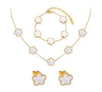 FANCYWUXI 18k Vierblättriges Kleeblatt Schmuckset, Damen Und MäDchen Vergoldet Vierblättriges Kleeblatt Armband Halskette Ohrringe Armband,Schmuck Set für Muttertags,Valentinstag(Weiß)