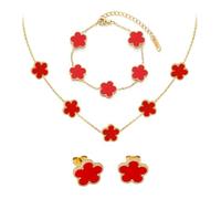 FANCYWUXI 18k Vierblättriges Kleeblatt Schmuckset, Damen Und MäDchen Vergoldet Vierblättriges Kleeblatt Armband Halskette Ohrringe Armband,Schmuck Set für Muttertags,Valentinstag(Rot)