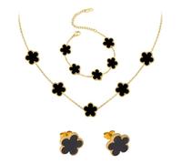 FANCYWUXI 18k Vierblättriges Kleeblatt Schmuckset, Damen Und MäDchen Vergoldet Vierblättriges Kleeblatt Armband Halskette Ohrringe Armband,Schmuck Set für Muttertags,Valentinstag(Schwarz)