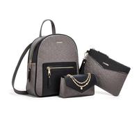 FANDARE 3-teilig Damen Rucksack Elegant Cityrucksack mit Unterarmtasche Umhängetasche Clutch Handgelenk Geldbörse PU Leder Tagesrucksack Damenrucksack Schultertaschen Frauen Daypacks Grau Schwarz