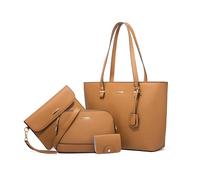 FANDARE 4-teilig Damen Handtaschen Frauen PU Leder Schultertasche mit Umhängetasche Clutch-Tasche Geldbörse Tote Shopper Reise Henkeltasche Abendtasche Arbeit Reisen Citytasche Alltagstasche Braun