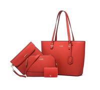 FANDARE 4-teilig Damen Handtaschen Frauen PU Leder Schultertasche mit Umhängetasche Clutch-Tasche Geldbörse Tote Shopper Reise Henkeltasche Abendtasche Arbeit Reisen Citytasche Alltagstasche Rot