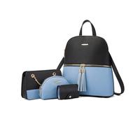 FANDARE 4-teilig Quaste Damen Handtaschen Rucksack Frauen PU Leder Schultertasche Rucksackhandtaschen mit Umhängetasche Clutch Henkeltasche Geldbörse Shopper Arbeit Reisen Daypacks Blau Schwarz