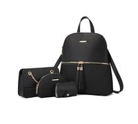 FANDARE 4-teilig Quaste Damen Handtaschen Rucksack Frauen PU Leder Schultertasche Rucksackhandtaschen mit Umhängetasche Clutch Henkeltasche Geldbörse Shopper Arbeit Reisen Daypacks Schwarz