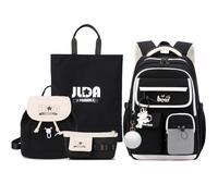 FANDARE 4-teiliges Schulrucksack-Set für Grund Mittelschule mit Mini-Rucksack, Geldbeutel, Tragetasche für Teenager Jungen Mädchen, vielseitige College-Reise-Tagesrucksäcke SchulranzenSchwarz