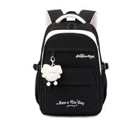 FANDARE Cartoon Kinderrucksack mit Plüschtier & Stickerei Schulrucksack für Grundschüler und Teenager, Tagesrucksack für täglichen Einsatz, Outdoor, Reisen und Campus für Jungen und Mädchen Schwarz