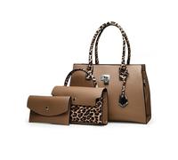 FANDARE Damen Handtaschen Frauen PU Leder Schultertasche Retro-Leopardenmuster Umhängetasche Tote Shopper Geldbörse 3-teilig Reise Henkeltasche Arbeit Reisen Citytasche Alltagstasche Khaki