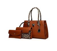 FANDARE Damen Handtaschen Frauen PU Leder Schultertasche Retro-Leopardenmuster Umhängetasche Tote Shopper Geldbörse 3-teilig Reise Henkeltasche Arbeit Reisen Citytasche Alltagstasche Braun