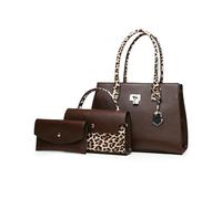FANDARE Damen Handtaschen Frauen PU Leder Schultertasche Retro-Leopardenmuster Umhängetasche Tote Shopper Geldbörse 3-teilig Reise Henkeltasche Arbeit Reisen Citytasche Alltagstasche Dunkelbraun