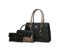 FANDARE Damen Handtaschen Frauen PU Leder Schultertasche Retro-Leopardenmuster Umhängetasche Tote Shopper Geldbörse 3-teilig Reise Henkeltasche Arbeit Reisen Citytasche Alltagstasche Schwarz