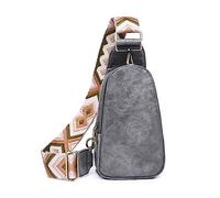 FANDARE Damen PU-Leder Brusttasche, Crossbody Umhängetasche mit stylischem gemustertem Tragegurt, Leicht Schultertasche für freie Hände Bauchtasche für Laufen, Reisen und Training Grau