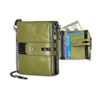 FANDARE Geldbörse für Damen Herren mit RFID-Blockierung, aus echtem Leder, Bifold Brieftasche mit Kette mit 7 Kartenfächer Reißverschluss-Münzfach Alltagstaugliche schlanke Brieftasche Grün