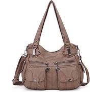 FANDARE Groß Schultertasche Damen Umhängetasche Frauen Vintage Schulranzen Wasserdicht PU Leder Women Purse für Shopper Reisen Arbeitstasche Messenger Hobo Bags Khaki