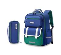 FANDARE Kinderrucksack 3.-6. Klasse Ergonomischer Schulrucksack mit Reflektierenden Streifen Wasserdichtes Oxford Großes Volumen 3D-Rücken Belüftetes Mesh für Mädchen Jungen Blau und Grün