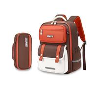 FANDARE Kinderrucksack 3.-6. Klasse Ergonomischer Schulrucksack mit Reflektierenden Streifen Wasserdichtes Oxford Großes Volumen 3D-Rücken Belüftetes Mesh für Mädchen Jungen Braun