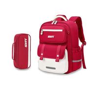 FANDARE Kinderrucksack 3.-6. Klasse Ergonomischer Schulrucksack mit Reflektierenden Streifen Wasserdichtes Oxford Großes Volumen 3D-Rücken Belüftetes Mesh für Mädchen Jungen Rot