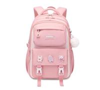 FANDARE Kinderrucksack Schulrucksack für Mädchen Schulranzen mit süßem Abzeichen Junge Teenager Schultasche Rucksack Büchertaschen Schule Tagesrucksack Leichter Rucksack Schule Daypacks Rosa
