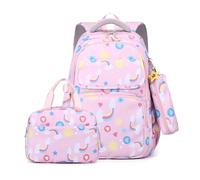 FANDARE Kinderrucksäcke mit Lunchtasche Federmäppchen Schultasche für Mädchen Junge Juniorrucksäcke Abenteuer-Tornister Schultasche Rucksack Kinder-Tragebeutel Schulranzen die 1. bis 6. Klasse Rosa