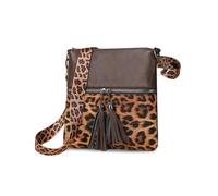 FANDARE Leoparden Damen Umhängetasche Boho-Chic Fransen Handtasche Shopper Tasche PU Leder Fächern Schultertasche Henkeltaschen Lehrertasche für Uni Business Schule Crossbody Bag Dunkelbraun