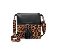 FANDARE Leoparden Damen Umhängetasche Boho-Chic Fransen Handtasche Shopper Tasche PU Leder Fächern Schultertasche Henkeltaschen Lehrertasche für Uni Business Schule Crossbody Bag Schwarz