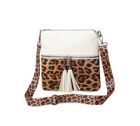 FANDARE Leoparden Damen Umhängetasche Boho-Chic Fransen Handtasche Shopper Tasche PU Leder Fächern Schultertasche Henkeltaschen Lehrertasche für Uni Business Schule Crossbody Bag Weiß