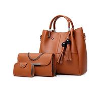 FANDARE Mode Damen-Henkeltaschen Wasserdicht Eimer Tasche Schultertaschen Umhängetaschen 3-teiliges Set Handtasche mit Fransen PU-Leder Kette Messenger-Tasche für Reisen Einkaufen Arbeiten Braun