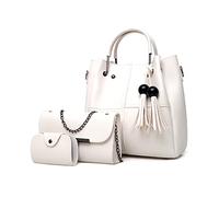 FANDARE Mode Damen-Henkeltaschen Wasserdicht Eimer Tasche Schultertaschen Umhängetaschen 3-teiliges Set Handtasche mit Fransen PU-Leder Kette Messenger-Tasche für Reisen Einkaufen Weiss