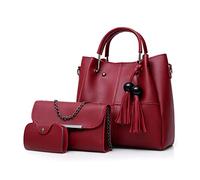 FANDARE Mode Damen-Henkeltaschen Wasserdicht Eimer Tasche Schultertaschen Umhängetaschen 3-teiliges Set Handtasche mit Fransen PU-Leder Kette Messenger-Tasche für Reisen Einkaufen Arbeiten Rot