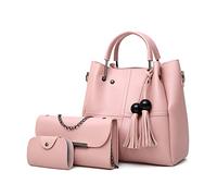 FANDARE Mode Damen-Henkeltaschen Wasserdicht Eimer Tasche Schultertaschen Umhängetaschen 3-teiliges Set Handtasche mit Fransen PU-Leder Kette Messenger-Tasche für Reisen Einkaufen Arbeiten Rosa