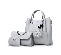 FANDARE Mode Damen-Henkeltaschen Wasserdicht Eimer Tasche Schultertaschen Umhängetaschen 3-teiliges Set Handtasche mit Fransen PU-Leder Kette Messenger-Tasche für Reisen Einkaufen Arbeiten Hellgrau