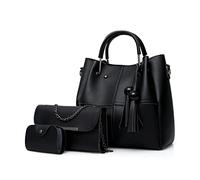 FANDARE Mode Damen-Henkeltaschen Wasserdicht Eimer Tasche Schultertaschen Umhängetaschen 3-teiliges Set Handtasche mit Fransen PU-Leder Kette Messenger-Tasche für Reisen Einkaufen Arbeiten Schwarz A