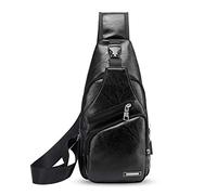 FANDARE New Sling Bag Herren Studenten Outdoor Sport Fitness mit USB-Ladeanschluss Kopfhörerbuchse Umhängetasche Wasserdicht PU Schwarz