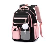 FANDARE Niedlicher Bow-Knot Rucksack für Mädchen Teenager Leichter Schulrucksack Schulranzen mit Laptopfach Plüschlüsselanhänger für Schule, Uni und Reisen Tagesrucksäcke Schwarz Rosa