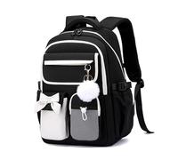 FANDARE Niedlicher Bow-Knot Rucksack für Mädchen Teenager Leichter Schulrucksack Schulranzen mit Laptopfach Plüschlüsselanhänger für Schule, Uni und Reisen Tagesrucksäcke Schwarz Weiß